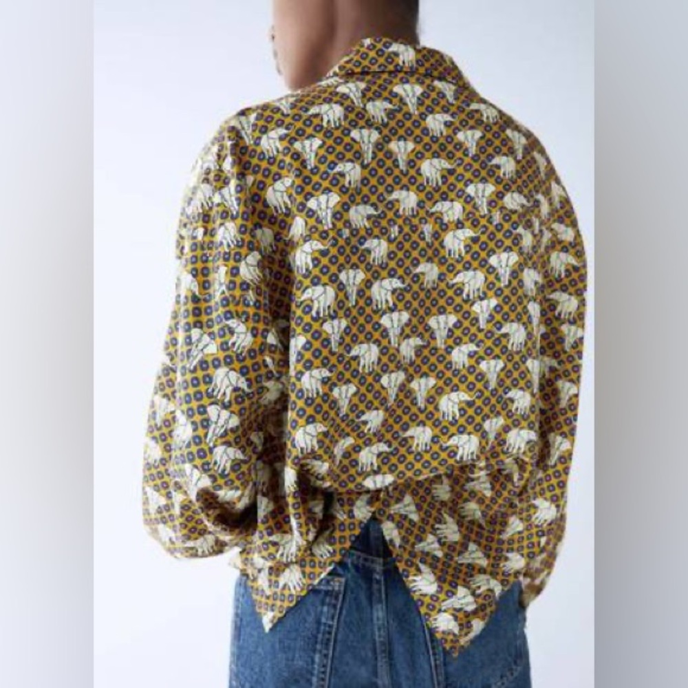 Zara Yellow, White and Brown Printed Button-Down Shirt - Picture 3 of 8